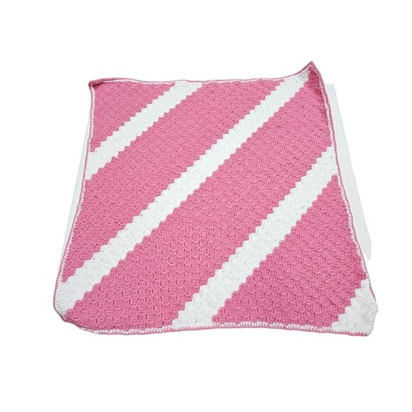 Lot Of 2 Handmade Crocheted Baby Blankets Diagonal Stripe 100% Acrylic Soft Cozy - Picture 3 of 9